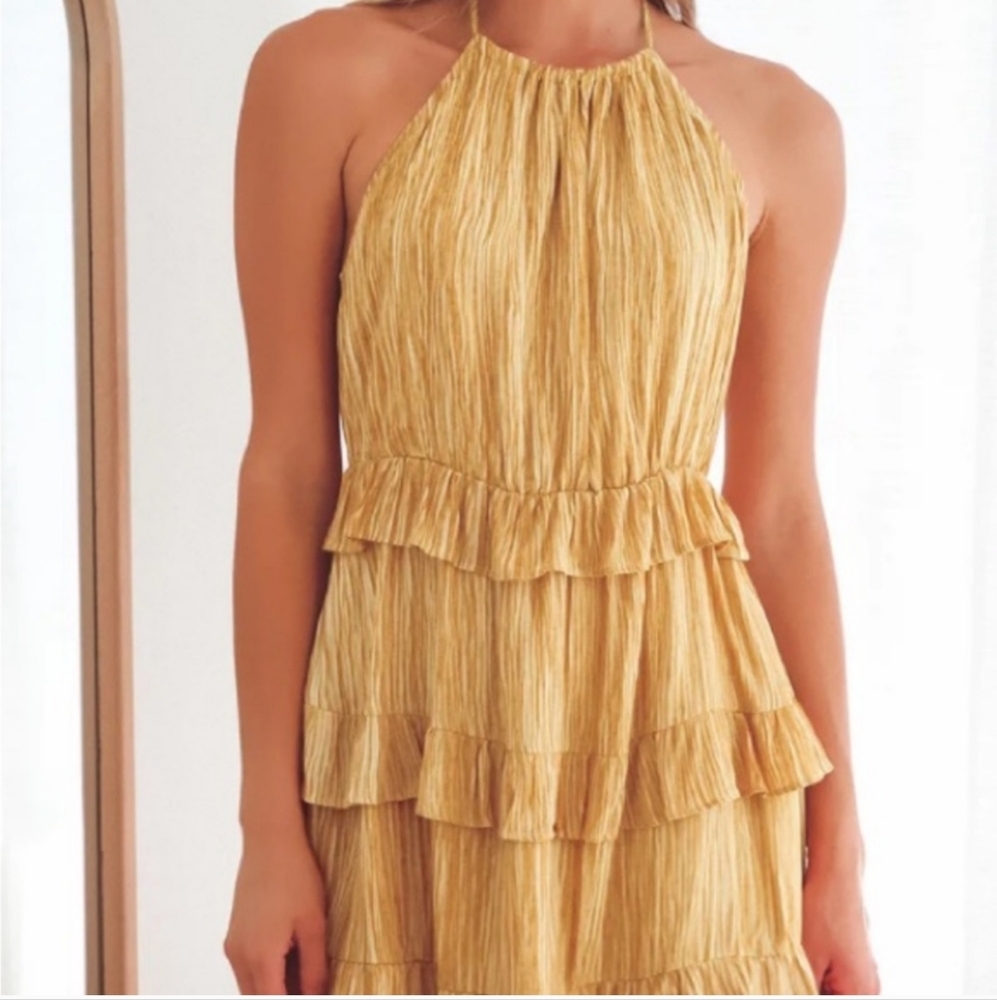 Lulus Downright Darling Mustard Yellow Ruffled Halter Mini Dress